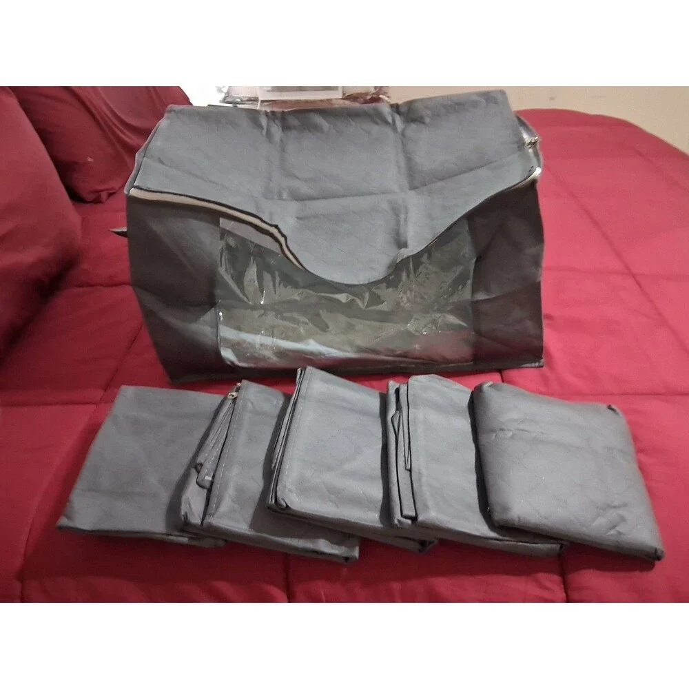 Gray Quilted Bedding Storage Bag Rectangular Fabric/Plastic Clear Window Zipper